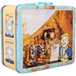 Metal lunch box with a graphic design featuring Fallout's Vault Boy and text, resembling a vintage advertisement.