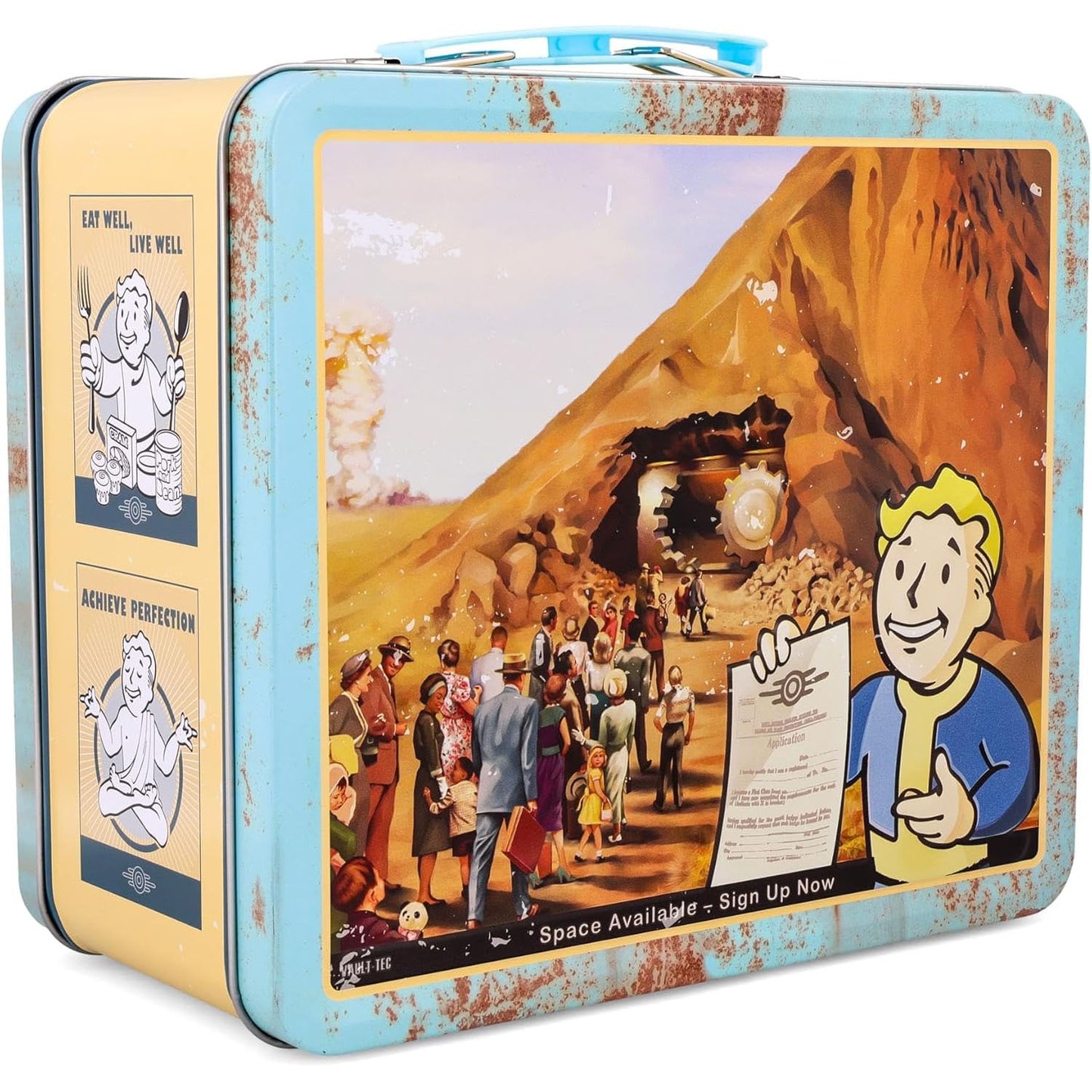 Metal lunch box with a graphic design featuring Fallout's Vault Boy and text, resembling a vintage advertisement.
