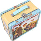Vintage-style metal lunch box with a colorful design and plastic handle. 