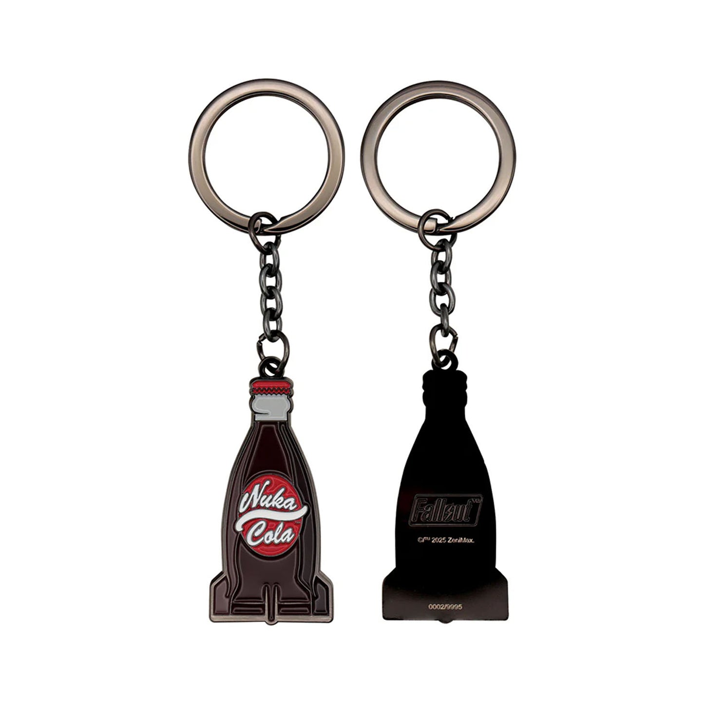 Front and back view of Nuka Cola bottle keychain from Fallout 