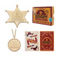 Sunset Sarsaparilla gift set featuring a gold sheriff's deputy badge, a gold bottle cap necklace, a playing card, and gift box. 