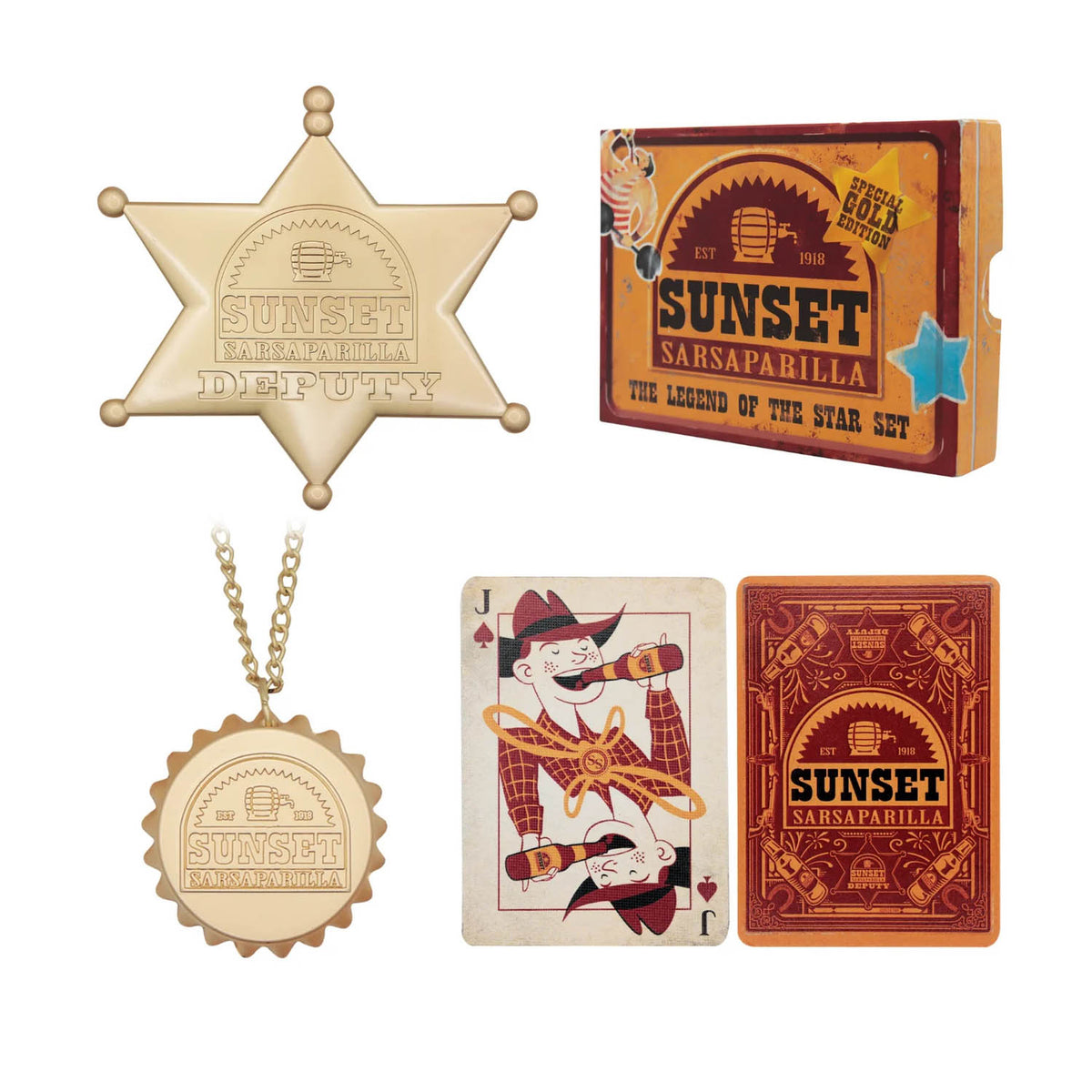 Sunset Sarsaparilla gift set featuring a gold sheriff's deputy badge, a gold bottle cap necklace, a playing card, and gift box. 