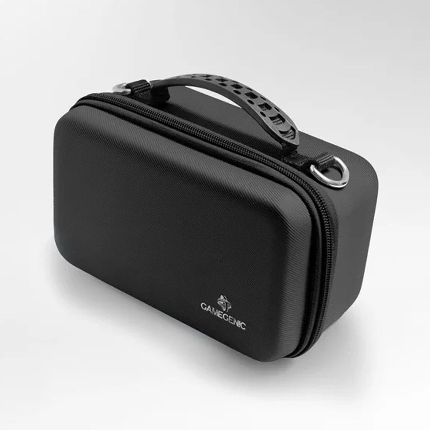 Black carrying case with handle and Gamegenic brand logo on a light gray background