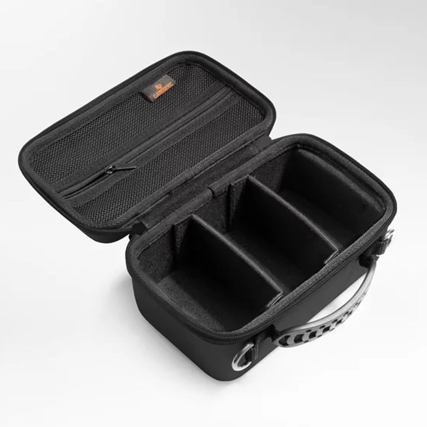 Black trading card travel case with compartments on a white background