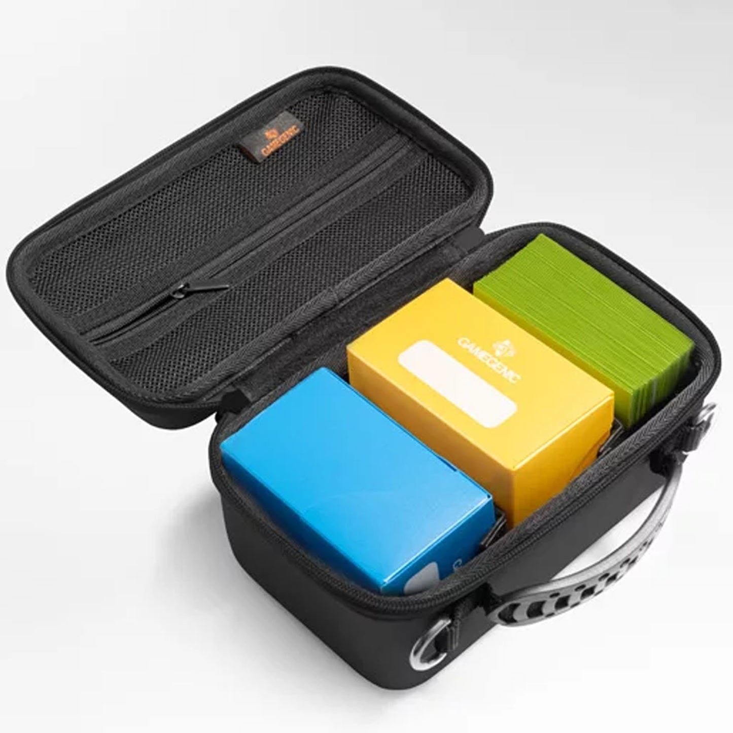 Black carrying case holding trading card deck boxes on a light grey background.