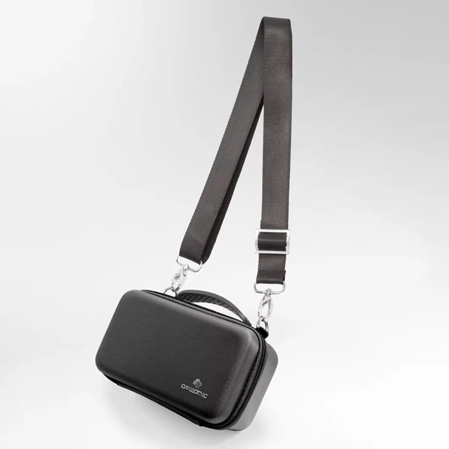 Black crossbody bag with a strap on a white background
