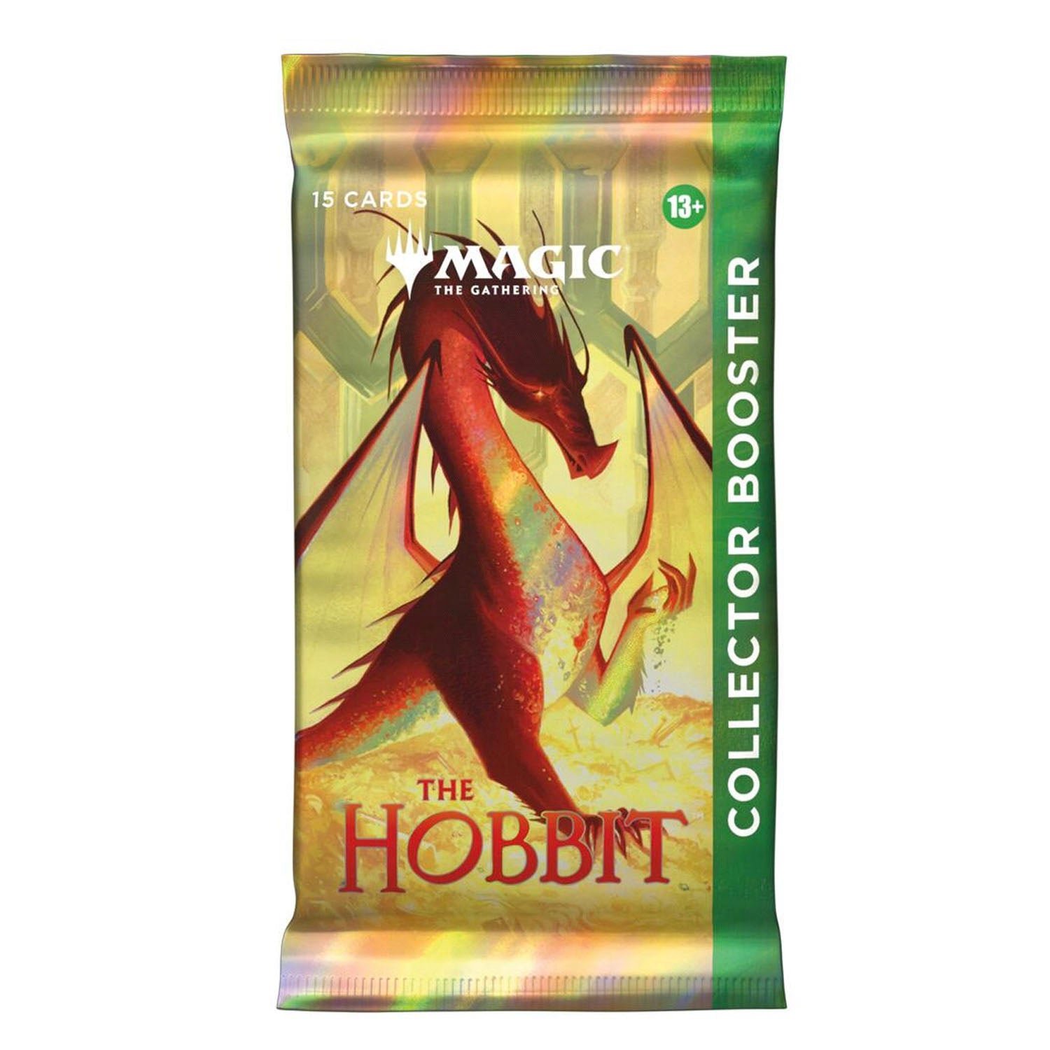 A Magic: The Gathering collector booster pack for The Hobbit, featuring a red dragon illustration on a gold and green background with holographic foil edges.