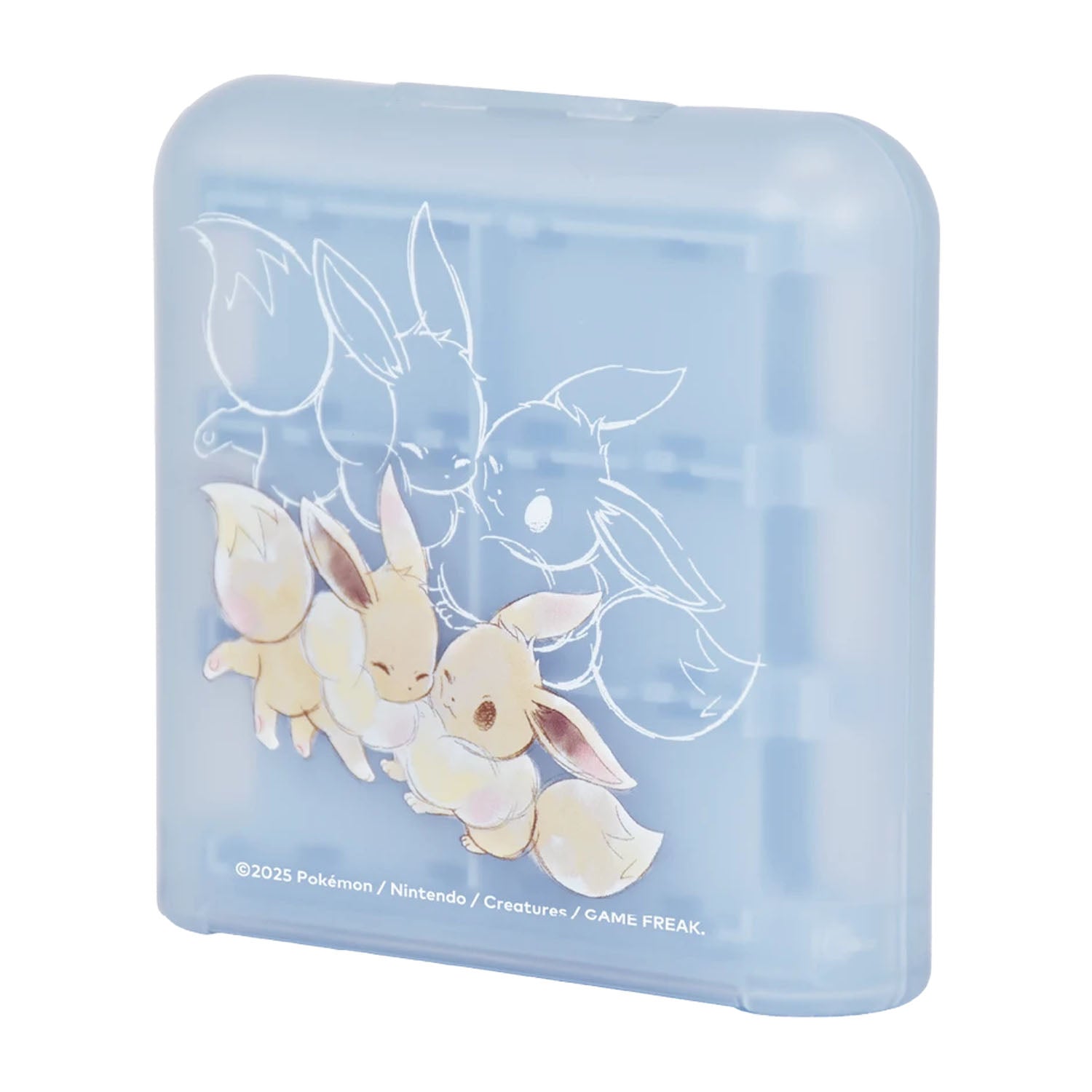 Blue, plastic case featuring artwork of the Pokémon, Eevee on a white background. 