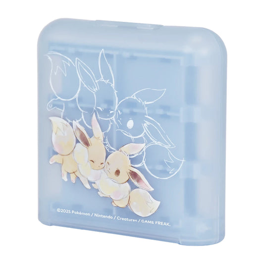 Blue, plastic case featuring artwork of the Pokémon, Eevee on a white background. 