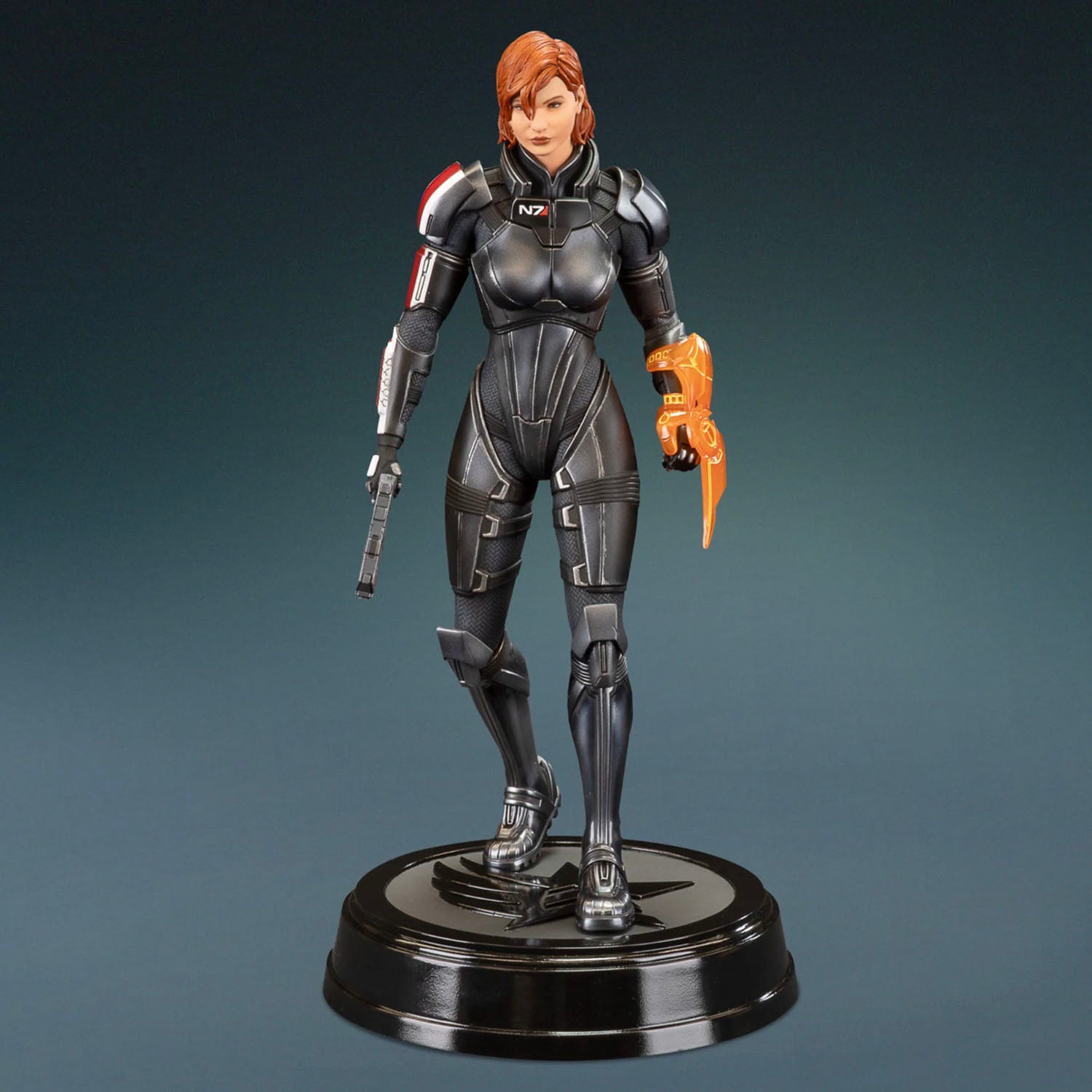 Statue of Commander Shepard from the Mass Effect series seen in the iconic N7 armor. 