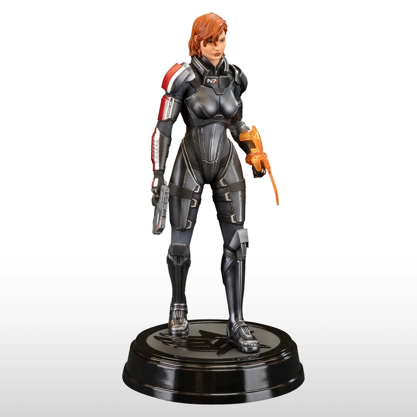 Statue of Commander Shepard from the Mass Effect series seen in the iconic N7 armor. 