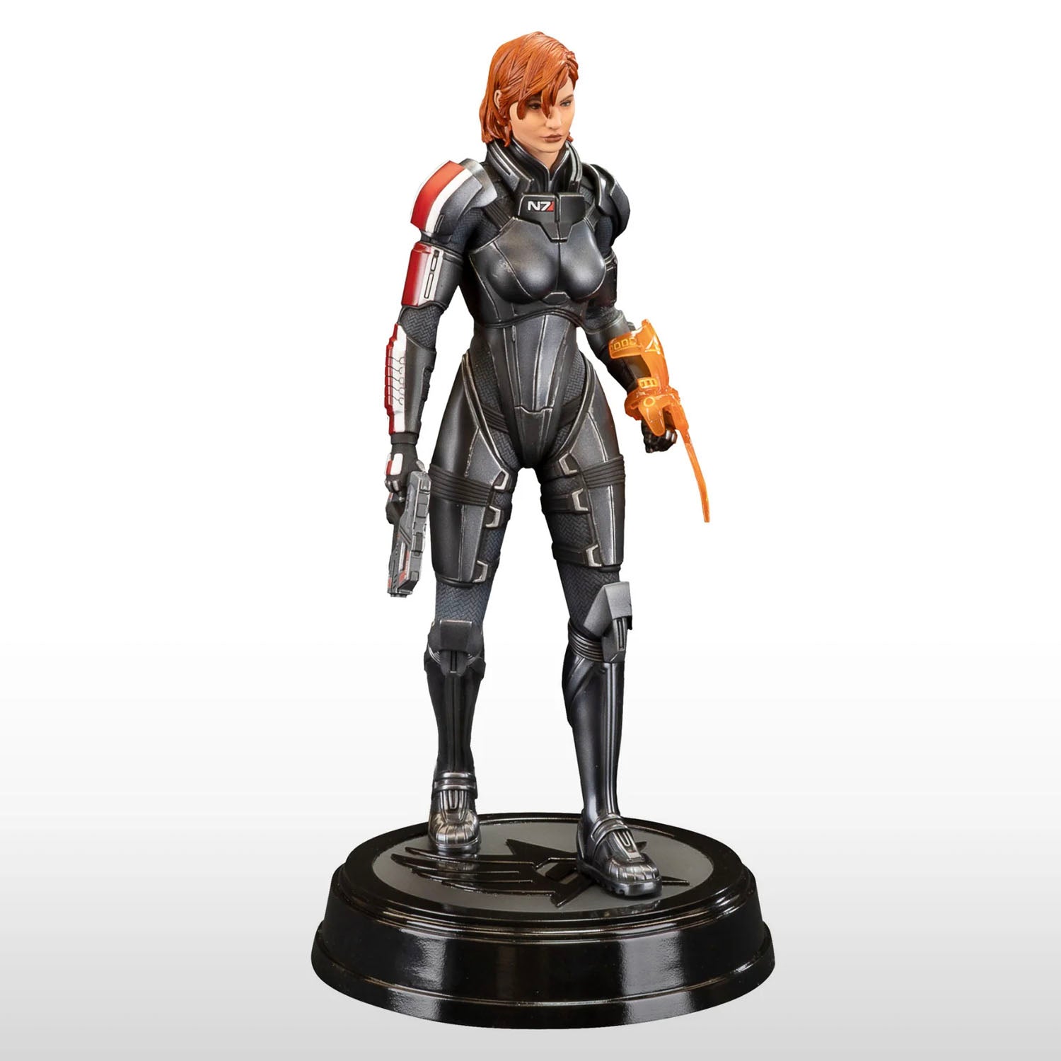 Statue of Commander Shepard from the Mass Effect series seen in the iconic N7 armor. 