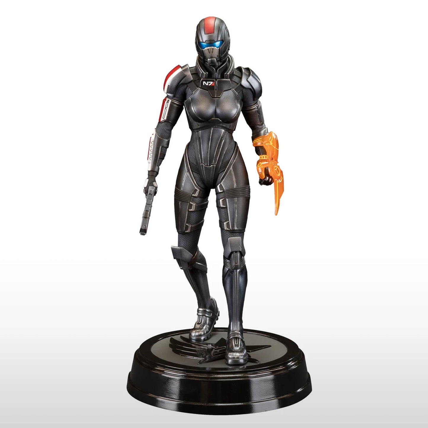 Statue of Commander Shepard from the Mass Effect series seen in the iconic N7 armor with helmet.