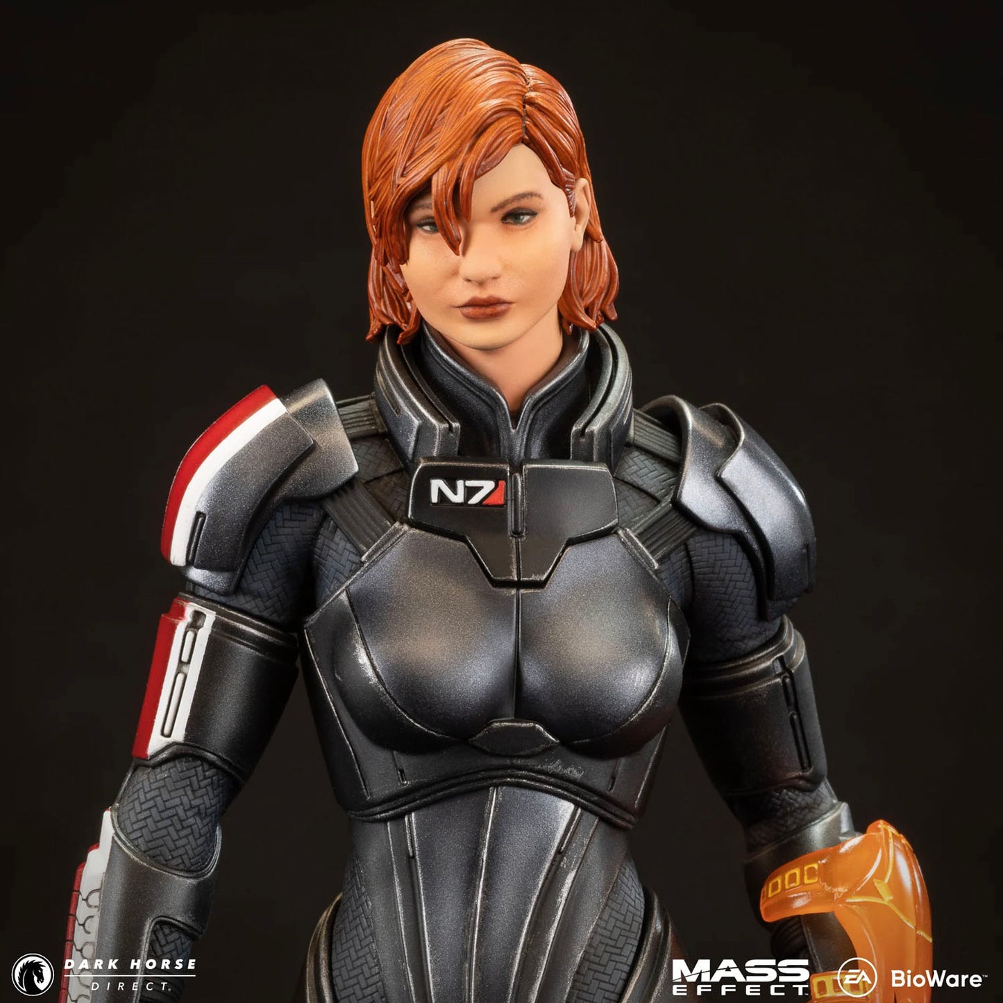 Close up shot of Commander Jane Shepard statue from Mass Effect on a black background