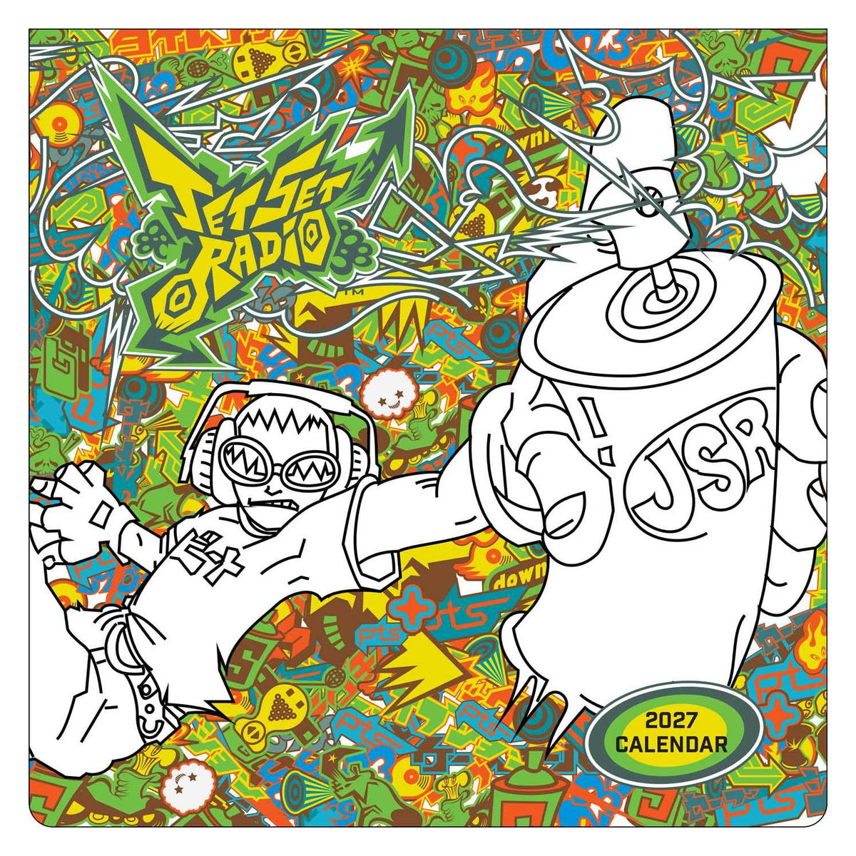 A square 2027 calendar cover featuring a colorful graffiti-style illustration with the text 'Jet Set Radio' and '2027 Calendar.' The design is highly detailed and multicolored, with black-and-white line-art characters overlaid on a dense abstract background.