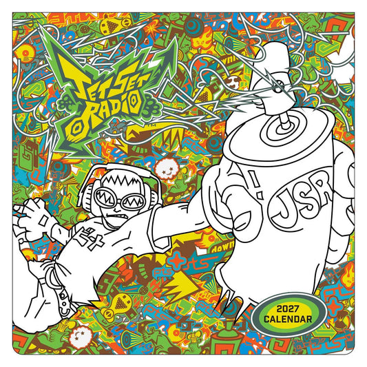 A square 2027 calendar cover featuring a colorful graffiti-style illustration with the text 'Jet Set Radio' and '2027 Calendar.' The design is highly detailed and multicolored, with black-and-white line-art characters overlaid on a dense abstract background.