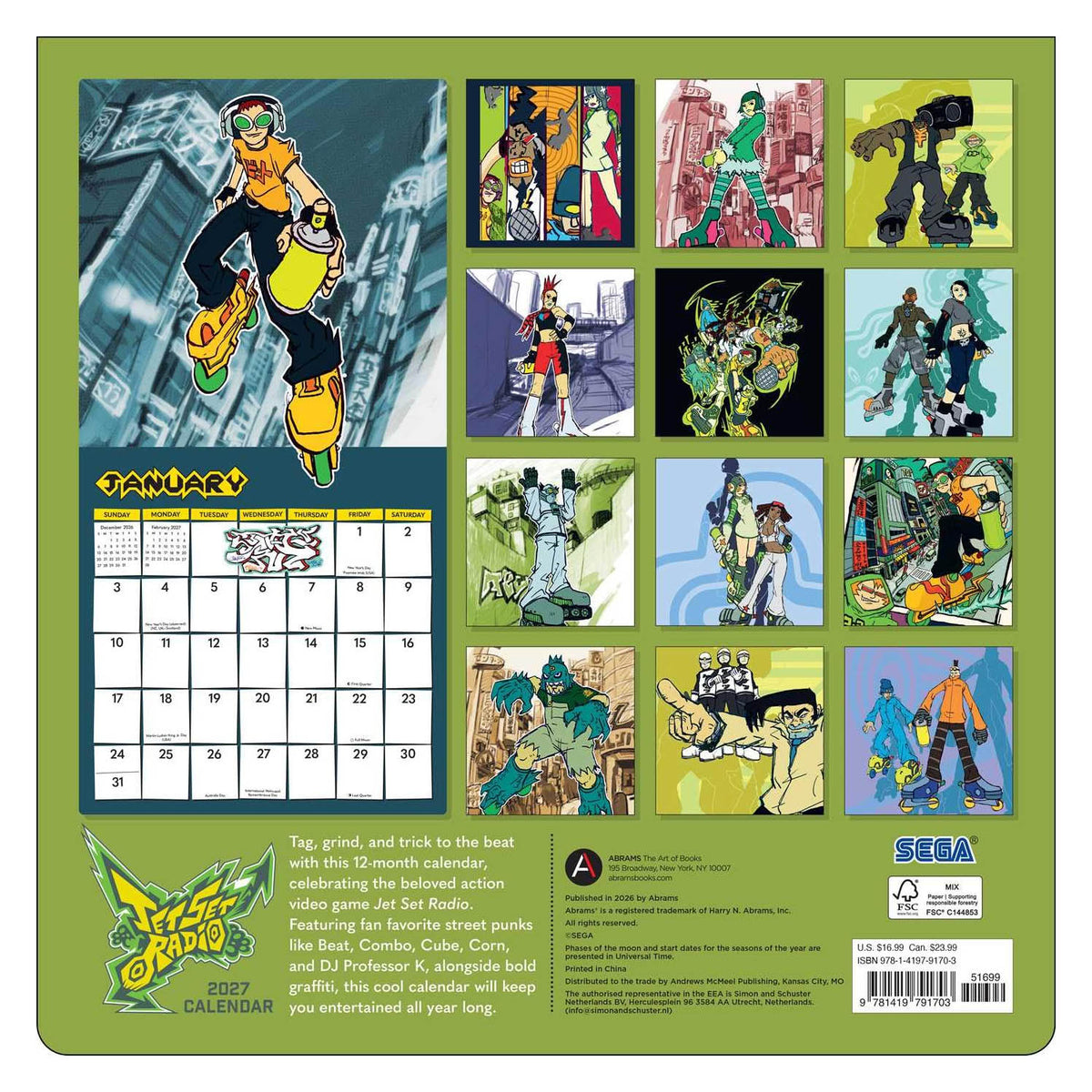 Back cover of the Jet Set Radio 2027 calendar, featuring colorful illustrated racing characters, a January calendar grid, and SEGA branding on a green background.