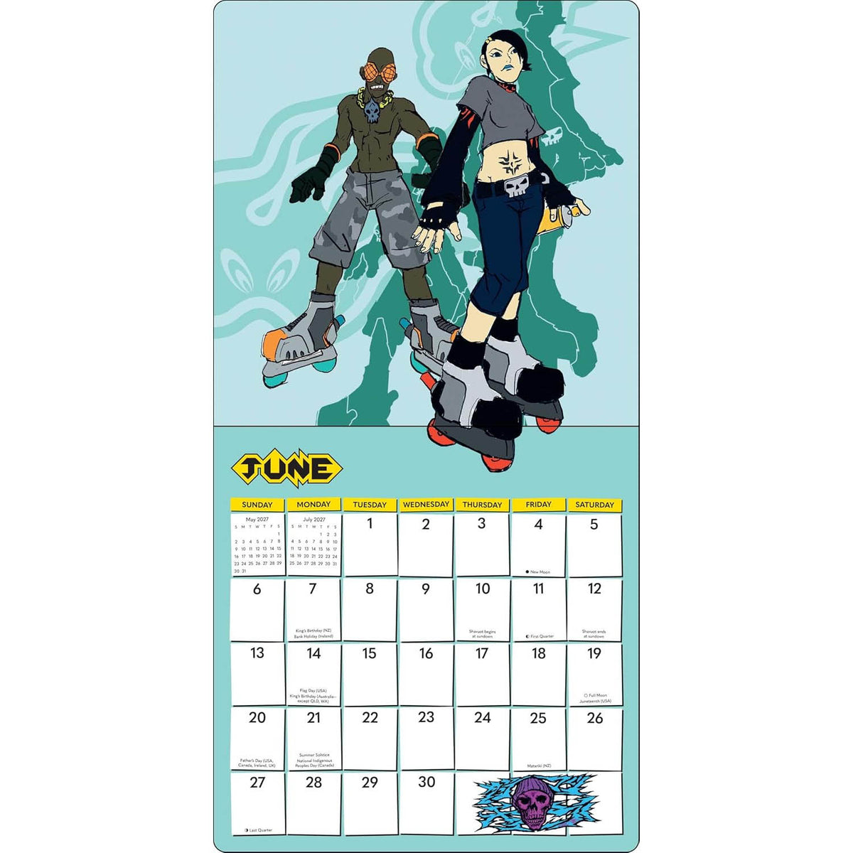 A vertical wall calendar page featuring skating characters at the top and a June calendar grid at the bottom, with a light blue background and colorful illustration details.