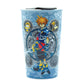 A light blue ceramic travel tumbler featuring Kingdom Hearts character Sora in the center, surrounded by circular character medallions and ornate blue patterns, with a black lid.