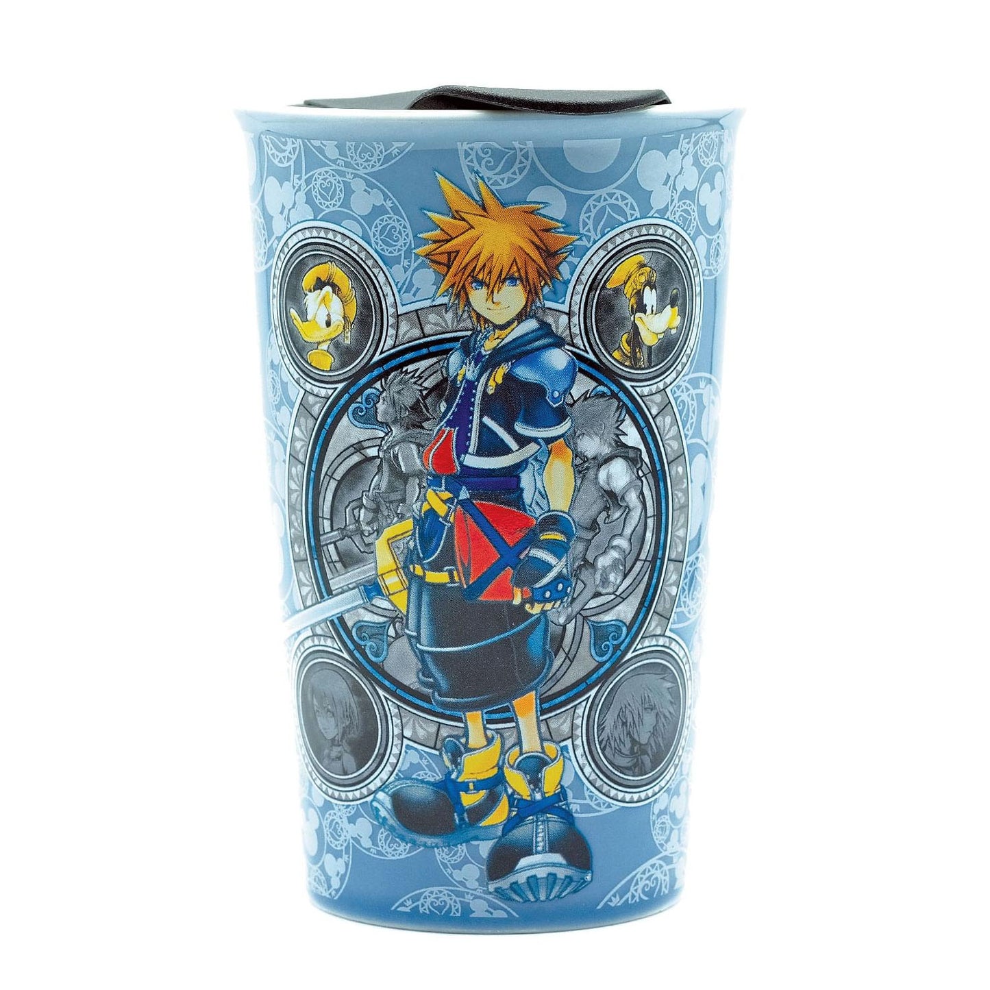 A light blue ceramic travel tumbler featuring Kingdom Hearts character Sora in the center, surrounded by circular character medallions and ornate blue patterns, with a black lid.