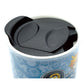 A close-up of a light blue patterned travel mug with a black flip-top lid, featuring Kingdom Hearts graphics on the side.