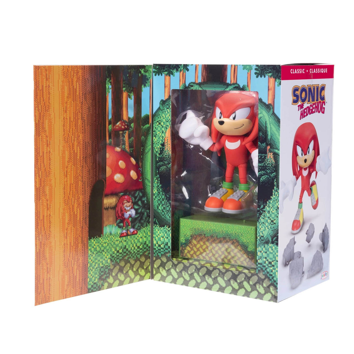 Sonic the Hedgehog Classic Knuckles figure in its original illustrated display packaging, standing in a forest-themed window box with Sonic-themed artwork on the side panel.