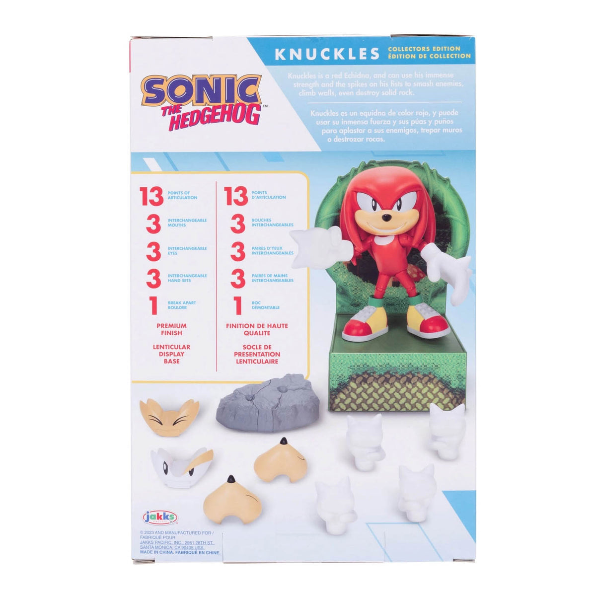Sonic the Hedgehog Knuckles collector's edition toy set in its original packaging, featuring the assembled red and white Knuckles figure, various accessories on a white background. 
