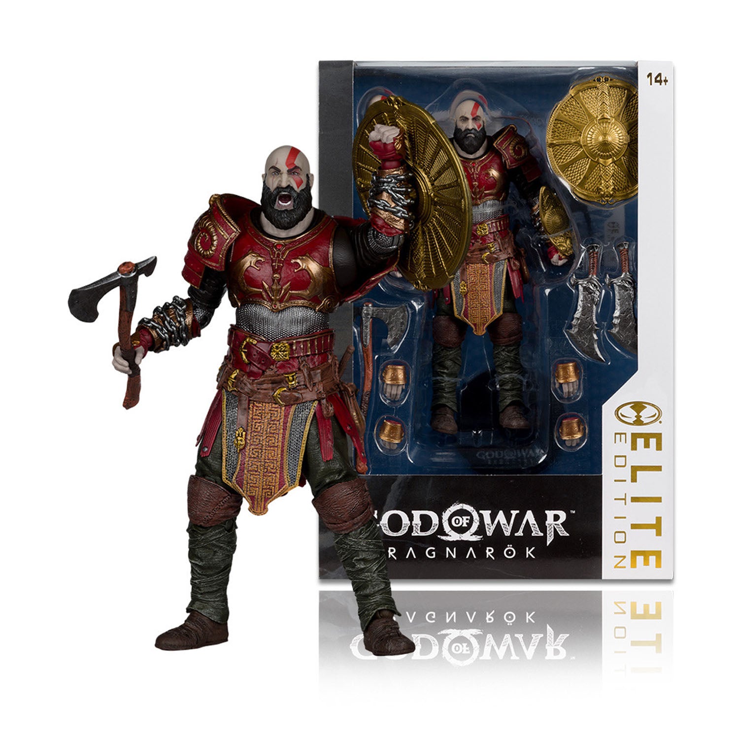 Kratos action figure from God of War Ragnarök shown standing in front of its retail packaging on a white background. The figure is wearing red and gold armor, holding a hammer, with a shield and accessories visible in the window box.