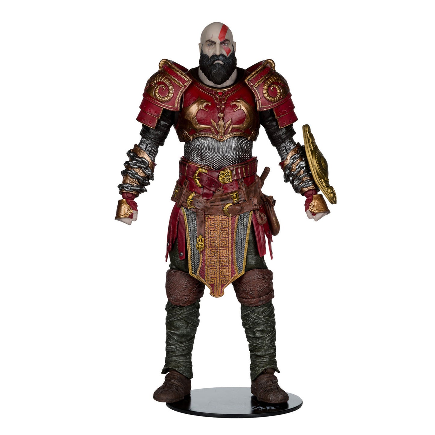Kratos action figure from God of War Ragnarok, standing on a black display base against a white background.