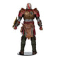 Kratos action figure from God of War Ragnarok shown from the back, wearing detailed red, gold, and brown armor with a white head and standing on a black display base against a white background.