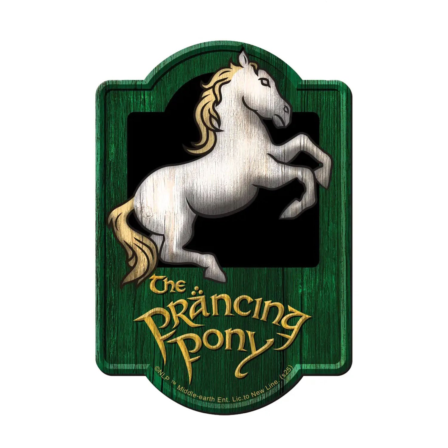 Decorative sign with a white horse and 'The Prancing Pony' text on a green background