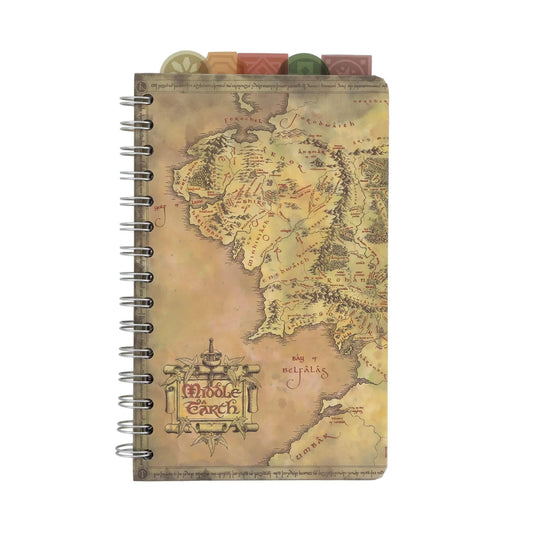Middle Earth map artwork on a spiral notebook with tabs. 