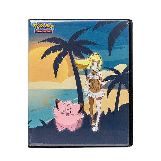 A Pokémon Trading Card Game folio with an illustrated cover with a blonde girl, Lillia and pink Pokémon, Clefairy with  palm trees at sunset. The Pokémon logo is visible in the top left corner.