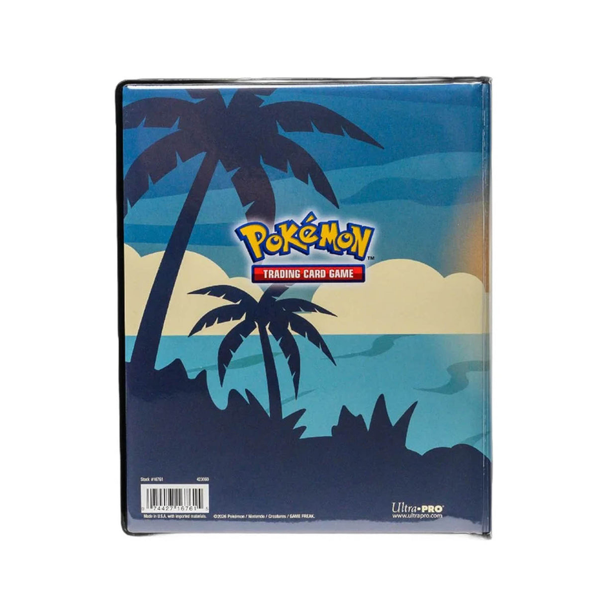 A Pokémon Trading Card Game binder featuring a tropical beach scene with palm trees, blue sky, and the Pokémon logo at the center.