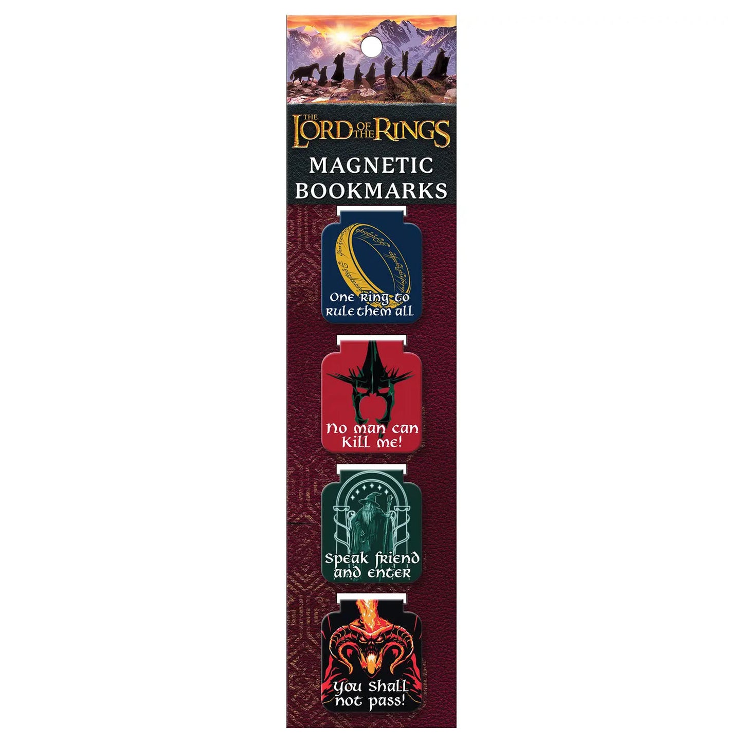 Set of 4 Lord of the Rings themed magnetic bookmarks on a branded card. Each features a specific quote from the films. 