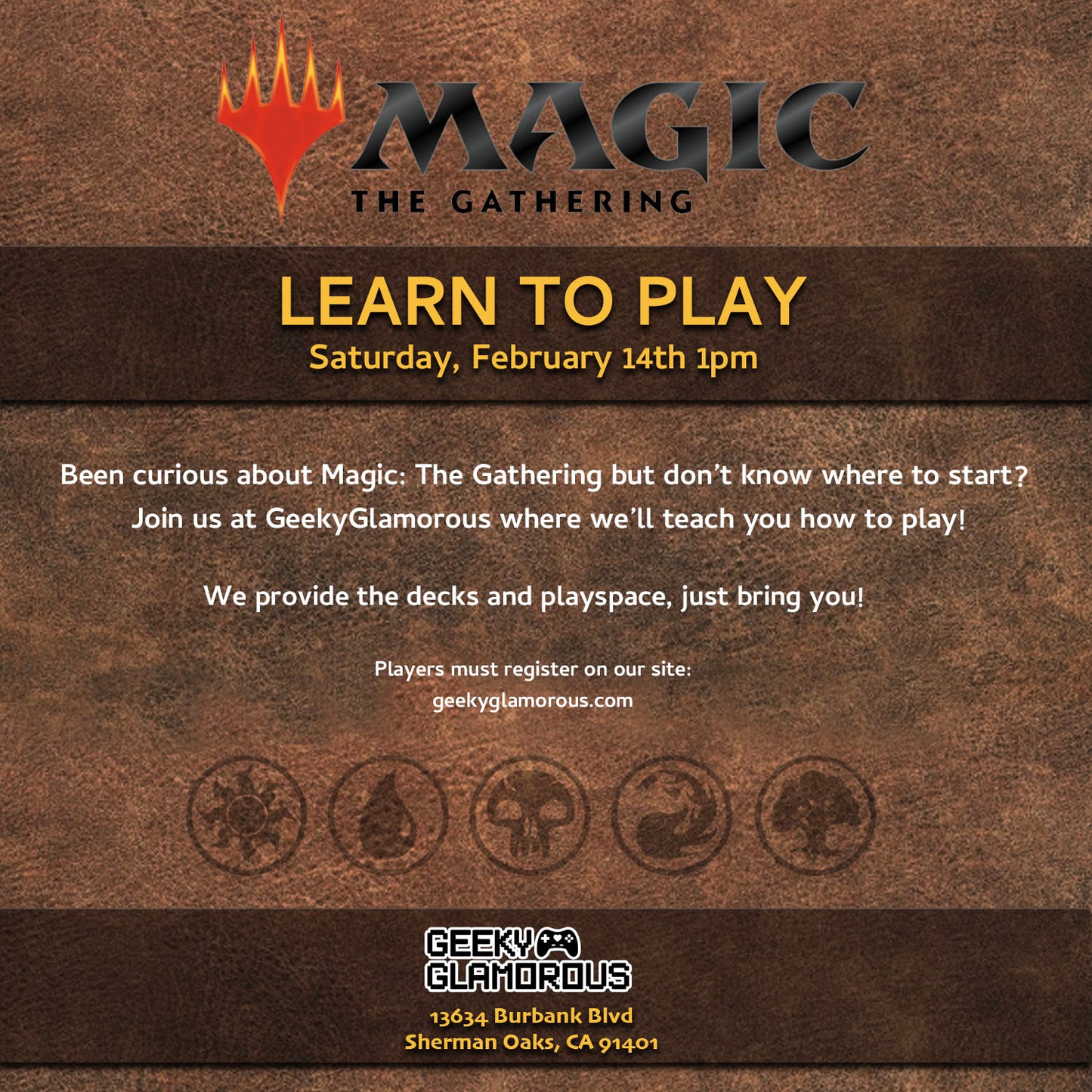 Flyer image that advertises an event to learn how to play magic the gathering. 