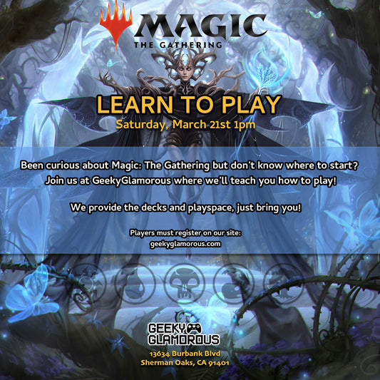 Advertisement for a 'Learn to Play' event in Magic: The Gathering with fantasy-themed background.