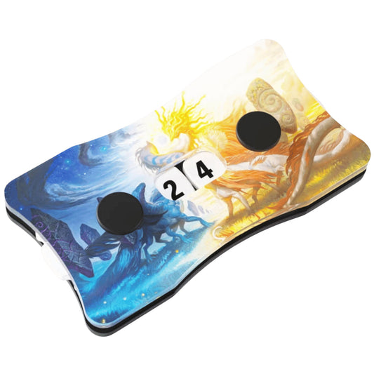 Blue and yellow dragon artwork from Magic: The Gathering on a plastic counter with dials. 