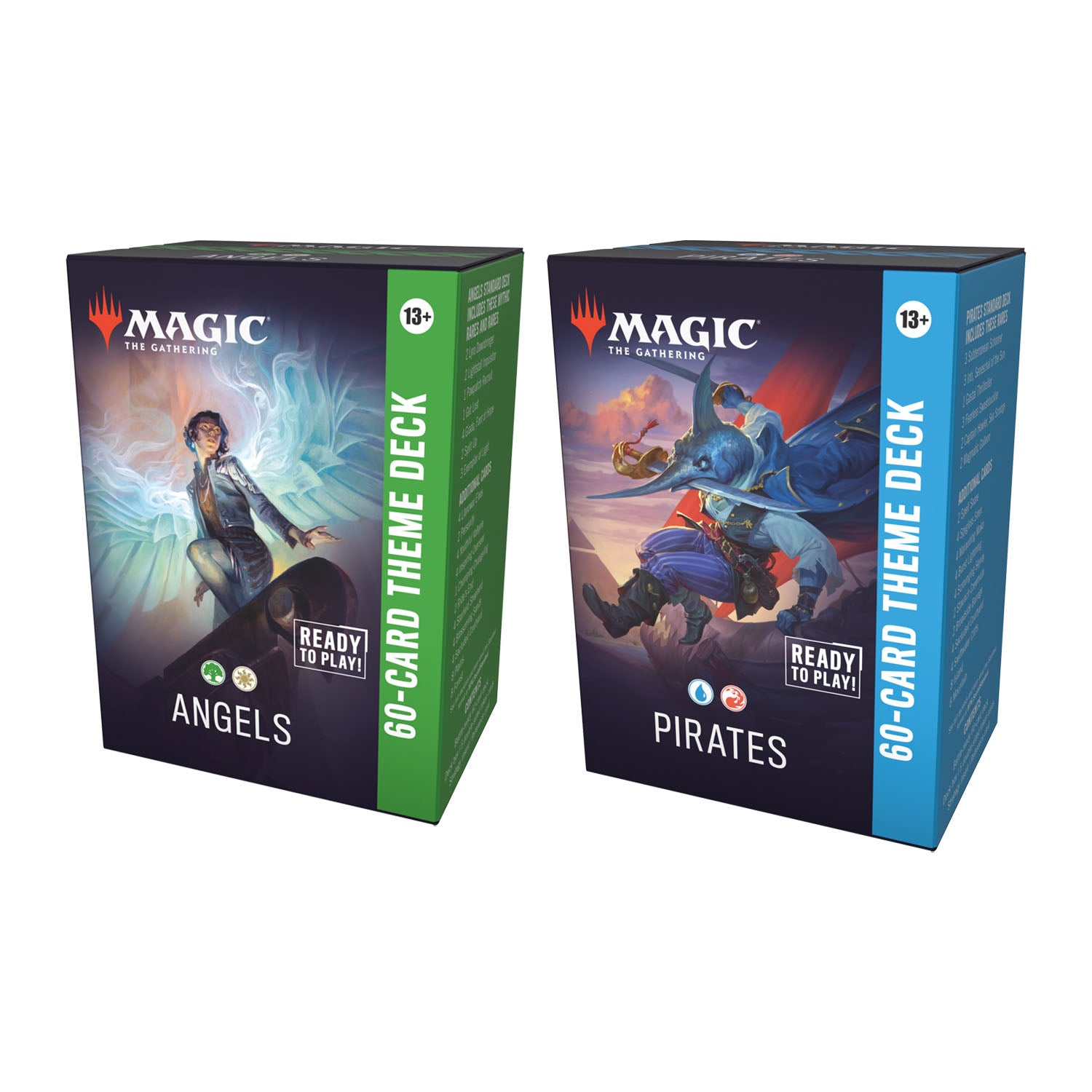 Two 'Magic: The Gathering' theme decks packaging, one for 'Angels' and the other for 'Pirates', on a white background.