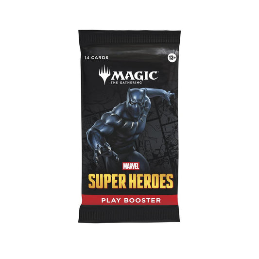 Play booster pack for 'Magic: The Gathering' featuring Marvel Super Heroes on a white background