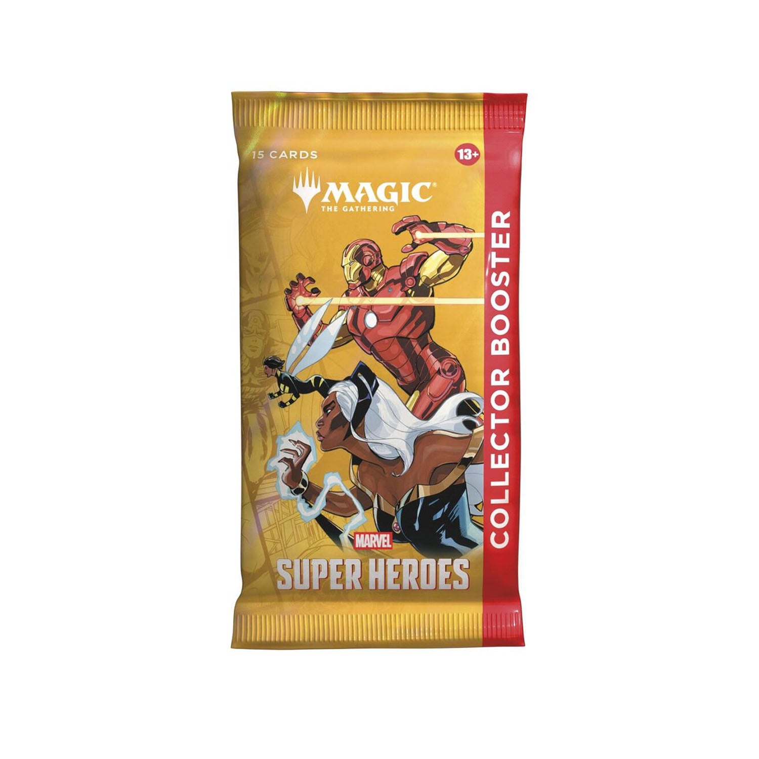 Marvel Super Heroes collector booster pack for Magic: The Gathering on a white background
