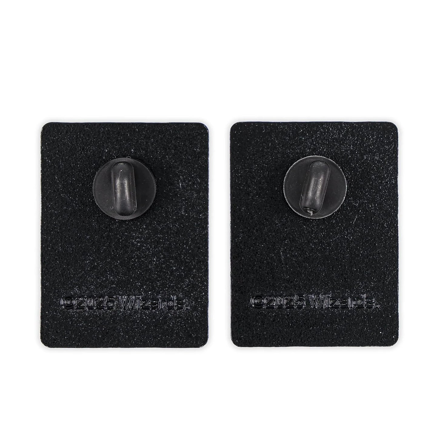 Back view of two enamel pins with rubber pin backs. 