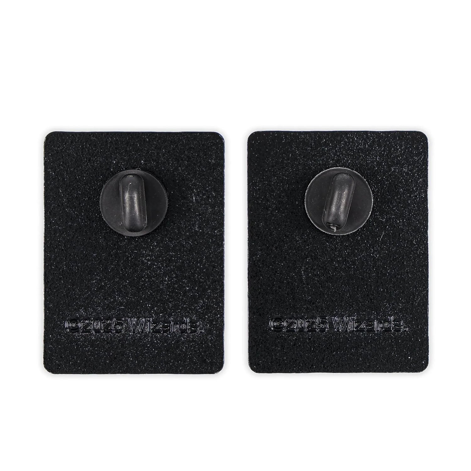 Back view of two enamel pins with rubber pin backs. 