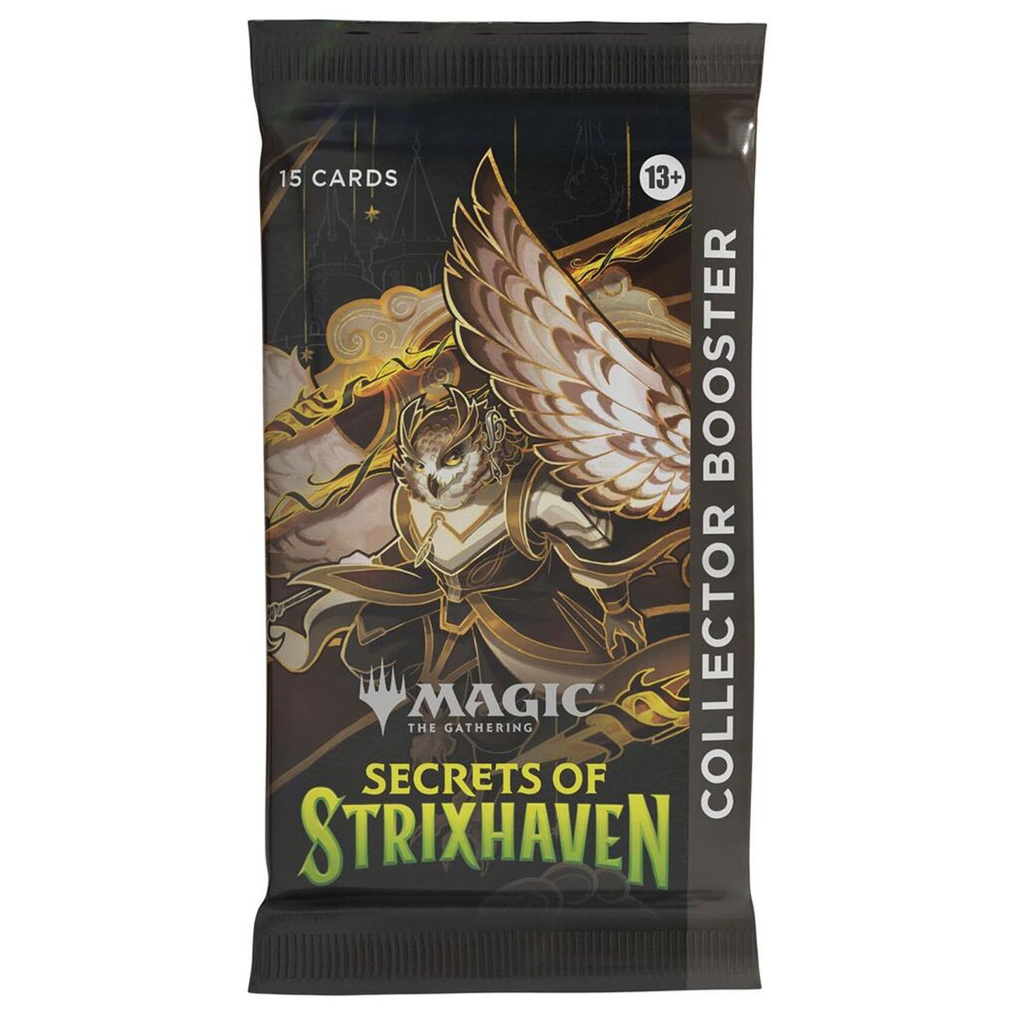 Magic the Gathering booster pack featuring Collector Booster 'Secrets of Strixhaven' branding