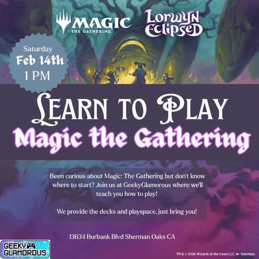 Advertisement for a 'Learn to Play Magic the Gathering' event with promotional text and branding.