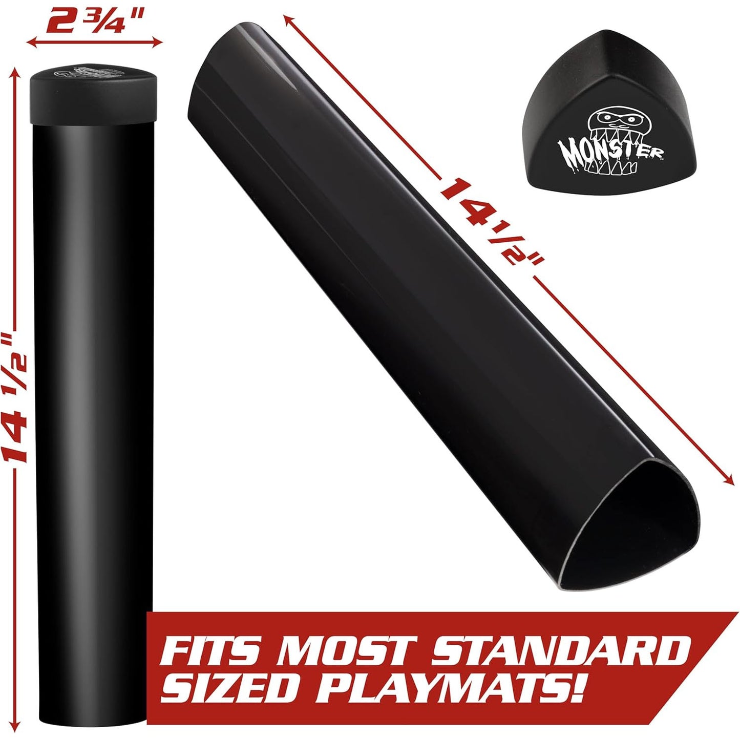 Black play mat holder with black cap on white background shown with measurements
