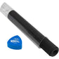 Clear playmat storage tube with blue cap shown with a black playmat inside on a white background. 
