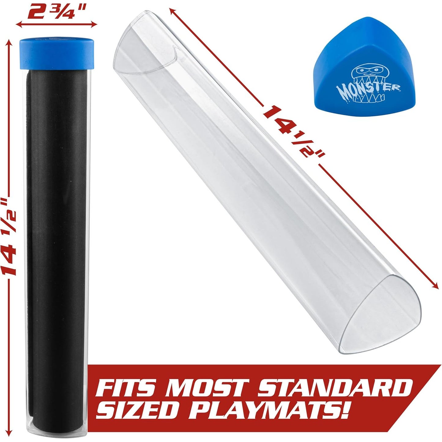 Clear playmat storage tube with blue cap shown with a black playmat inside and measurements