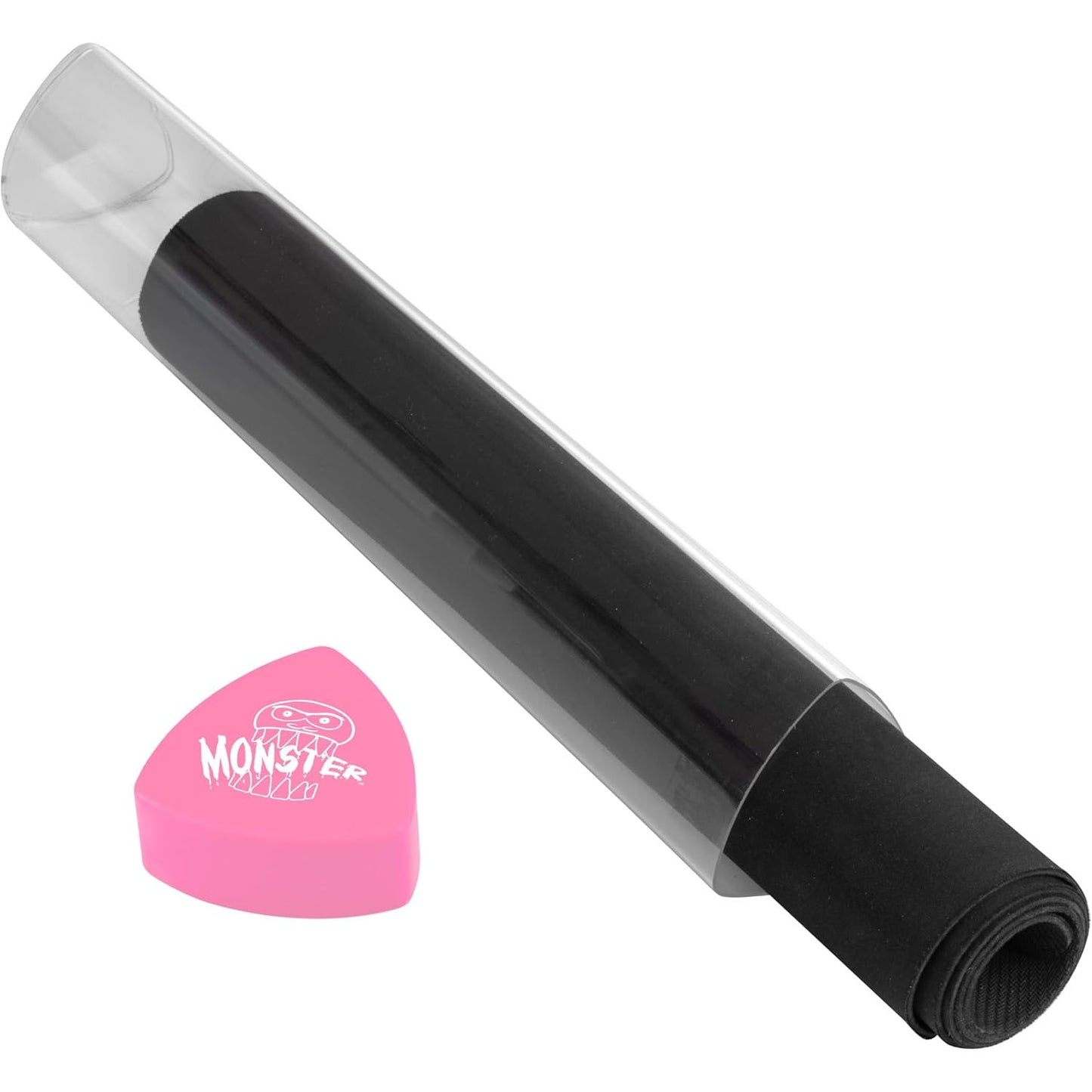 Clear playmat storage tube with pink cap shown with a black playmat inside on a white background. 