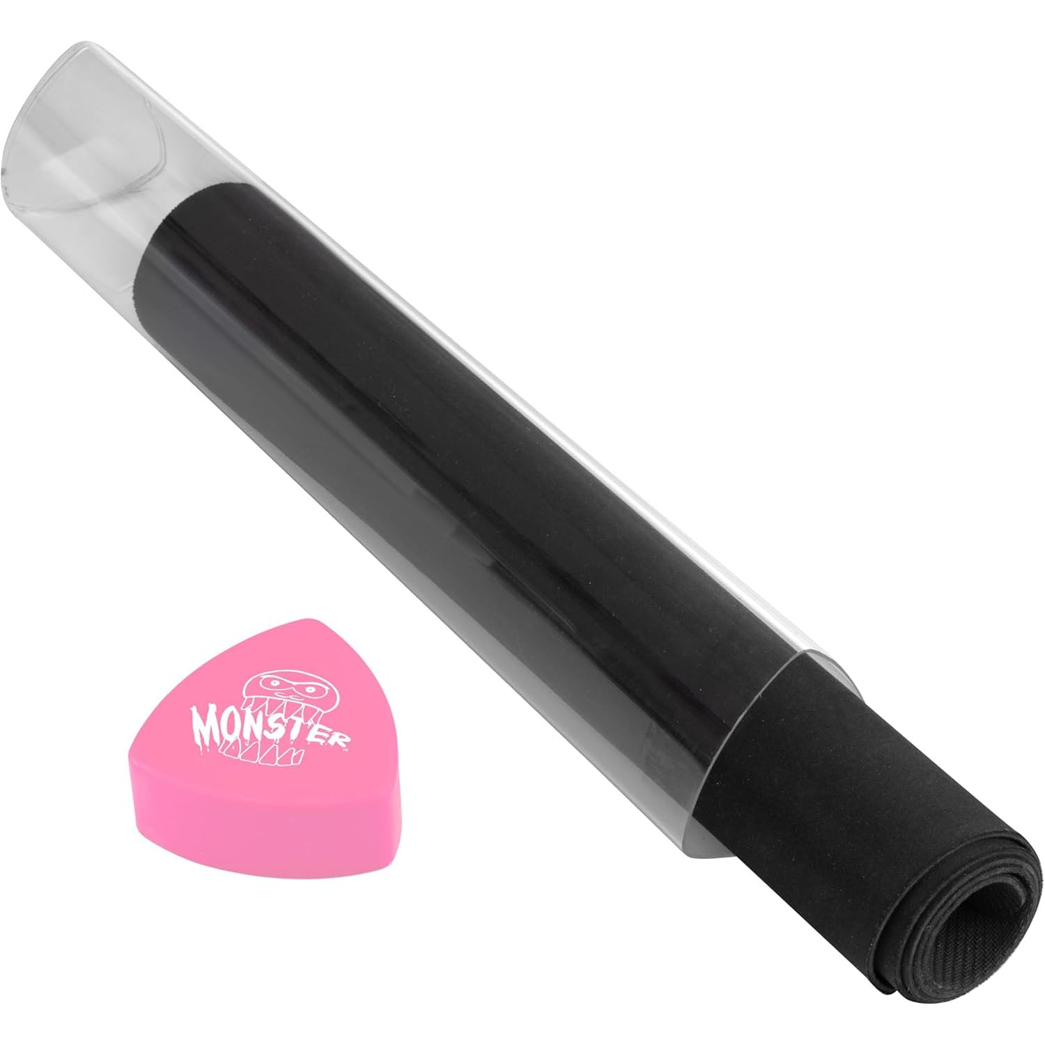 Clear playmat storage tube with pink cap shown with a black playmat inside on a white background. 